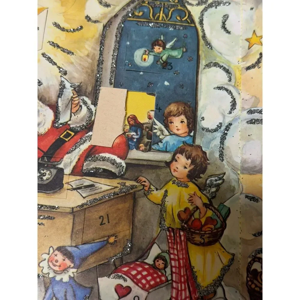 Vintage 50s 60s Count Down To Christmas Advent Calendar Paper Santa Angels Mod